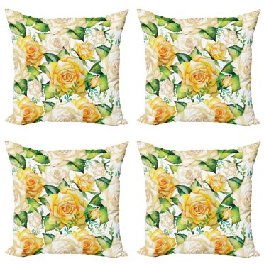 Ambesonne Rose Throw Pillow Cover 4 Pack, Watercolor Wedding Flowers, 18", Yellow Beige Green