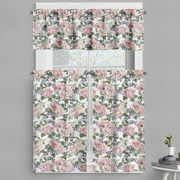 Ambesonne Rose Valance & Curtain, Flourishing Pink Flora, 55"x45", Pale Pink Green Bluegrey