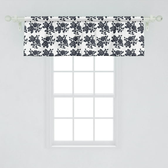 Ambesonne Rose Window Valance, Romantic Composition with Petals and Foliage Leaves Monochrome Illustration, Curtain Valance for Kitchen Bedroom Decor with Rod Pocket, 54" X 18", Dark Blue and White