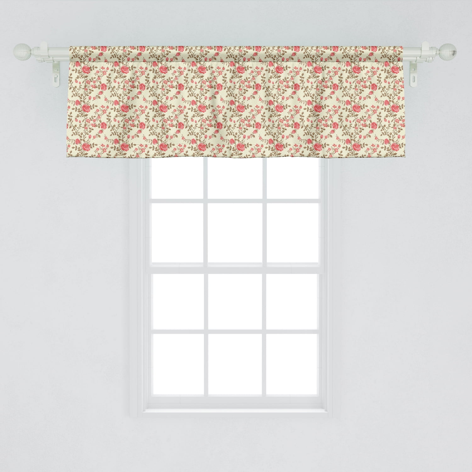 Floral Sateen Ruffled 54'' Pale Yellow and Coral Window Valance