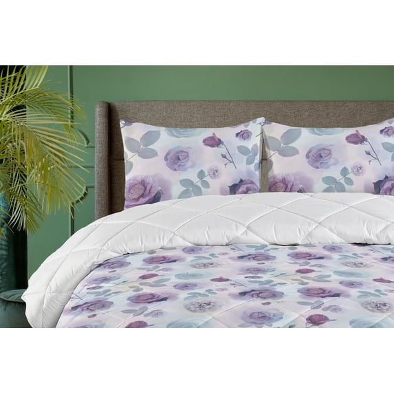 Ambesonne Roses Down Alternative Quilt Comforter, Pastel Flowers and Leaves Art, Twin XL, Mauve and Pale Blue Grey