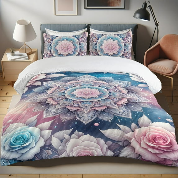 Ambesonne Roses Duvet Cover Set, Flowers in Dreamy Galaxy Art, Calking, Sea Blue Lavender Blush