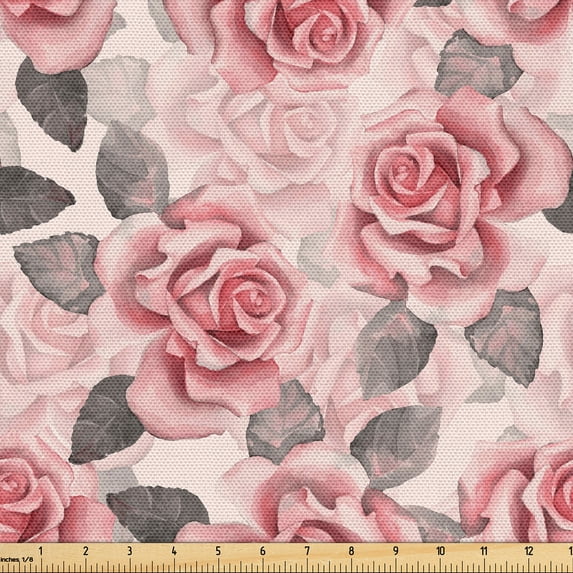 Ambesonne Roses Fabric by the Yard Upholstery, English Garden Floral Artwork, 1 Yard, Grey and Pastel Pink