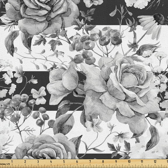 Ambesonne Roses Fabric by the Yard Upholstery, Monochrome English Garden Art, 1 Yard, Grey and White