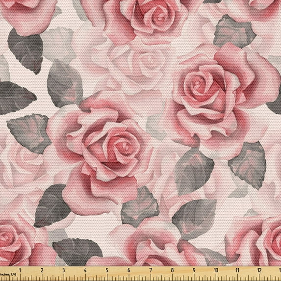 Ambesonne Roses Fabric by the Yard Upholstery, English Garden Floral Artwork, 10 Yards, Grey and Pastel Pink