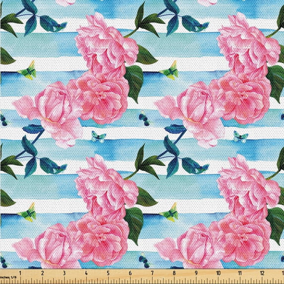 Ambesonne Roses Fabric by the Yard Upholstery, Pastel Colors Vintage Flowers, 10 Yards, Pale Azure Blue Pale Pink