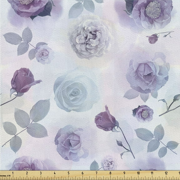Ambesonne Roses Fabric by the Yard Upholstery, Pastel Flowers and Leaves Art, 1 Yard, Mauve and Pale Blue Grey