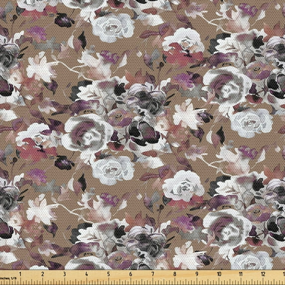 Ambesonne Roses Fabric by the Yard Upholstery, Vintage Art Blossoms Romantic, 3 Yards, Cocoa Grey and Mauve Taupe