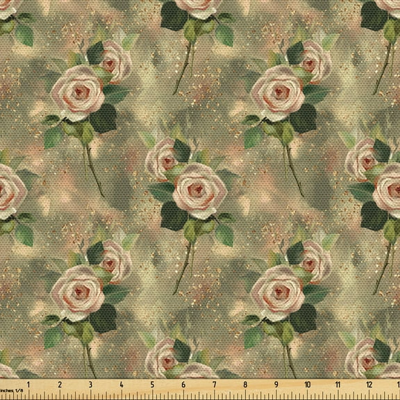 Ambesonne Roses Fabric by the Yard Upholstery, Vintage Floral Romantic Art, 1 Yard, Khaki Blush and Green
