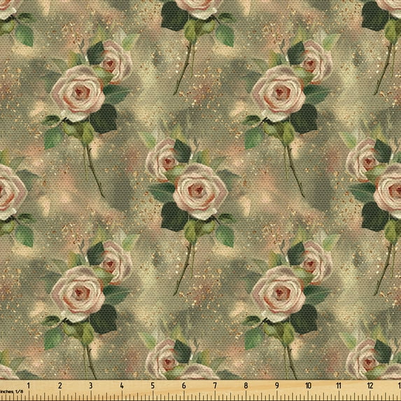Ambesonne Roses Fabric by the Yard Upholstery, Vintage Floral Romantic Art, 2 Yards, Khaki Blush and Green