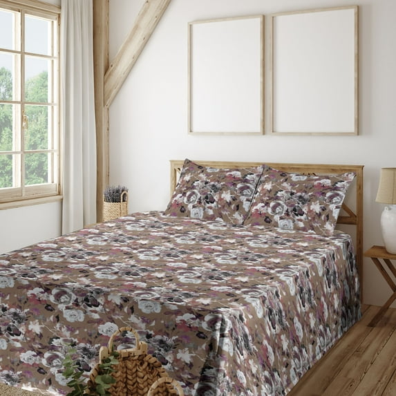 Ambesonne Roses Fitted & Flat Sheet with Shams 4 Pcs Set, Vintage Art Blossoms Romantic, Full, Cocoa Grey and Mauve Taupe