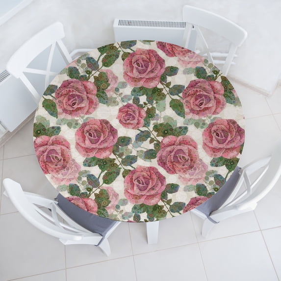 Ambesonne Roses Fitted Round Tablecloth, English Garden Blossom Art, 40"- 44" Diameter, Pastel Pink and Olive Green