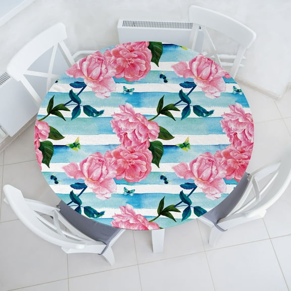 Ambesonne Roses Fitted Round Tablecloth, Pastel Colors Vintage Flowers, 36"- 40" Diameter, Pale Azure Blue Pale Pink