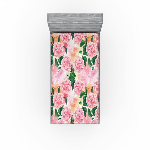 Ambesonne Roses Fitted Sheet, Botany Garden Flowers Print, Twin XL Size, Forest Green Pastel Pink