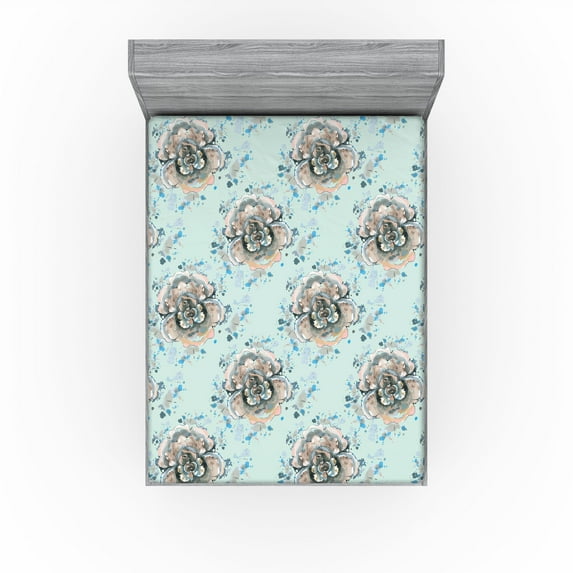 Ambesonne Roses Fitted Sheet, Dreamy Brush Spots Floral, King Size, Almond Green Warm Taupe