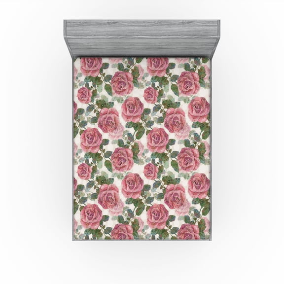 Ambesonne Roses Fitted Sheet, English Garden Blossom Art, Queen Size, Pastel Pink and Olive Green