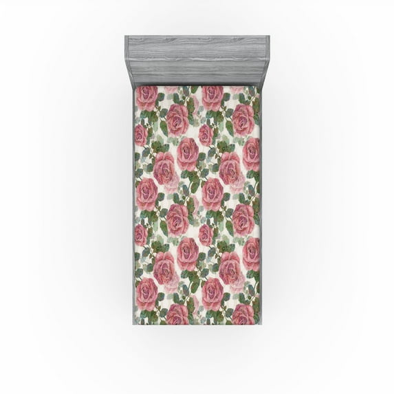 Ambesonne Roses Fitted Sheet, English Garden Blossom Art, Twin Size, Pastel Pink and Olive Green