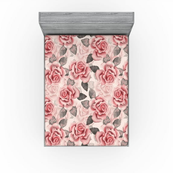 Ambesonne Roses Fitted Sheet, English Garden Floral Artwork, Full Size, Grey and Pastel Pink