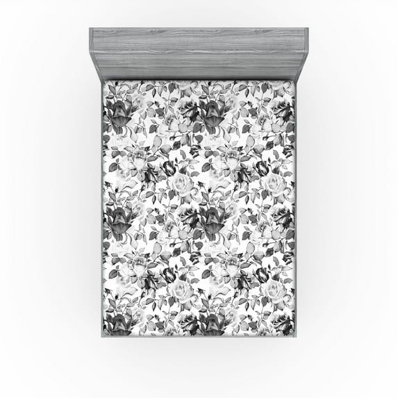 Ambesonne Roses Fitted Sheet, Romantic Innocent Floral Art, Full Size, Grey White