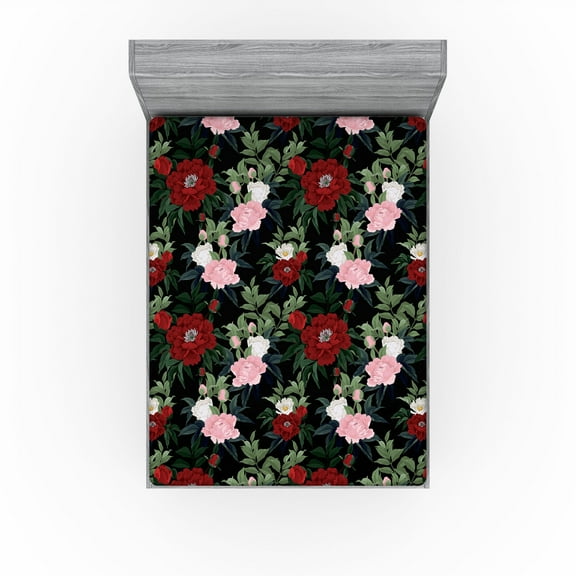 Ambesonne Roses Fitted Sheet, Tropical Floral Pattern Art, California King, Peacock Green Raspberry