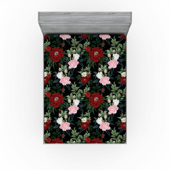 Ambesonne Roses Fitted Sheet, Tropical Floral Pattern Art, King Size, Peacock Green Raspberry