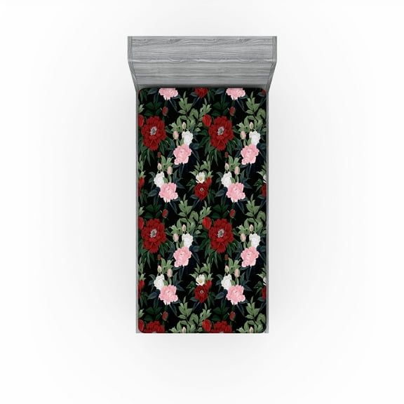 Ambesonne Roses Fitted Sheet, Tropical Floral Pattern Art, Twin Size, Peacock Green Raspberry
