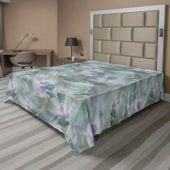 Ambesonne Roses Flat Bedding Sheet Soft Top Sheet, Blurry Garden Flowers Print, California King, Mint Green Lilac and Grey