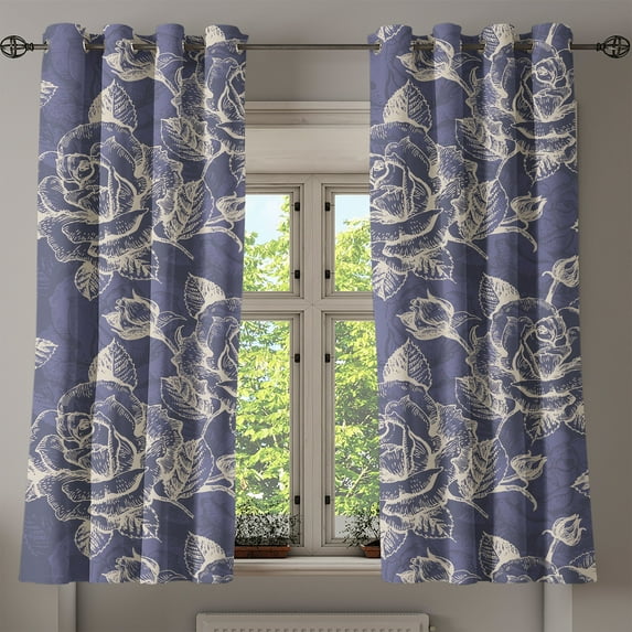 Ambesonne Roses Grommet Curtain, Blossoming Wild Flowers Retro, 50"x60", Beige and Dark Indigo