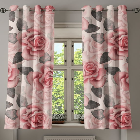 Ambesonne Roses Grommet Curtain, English Garden Floral Artwork, 50"x63", Grey and Pastel Pink
