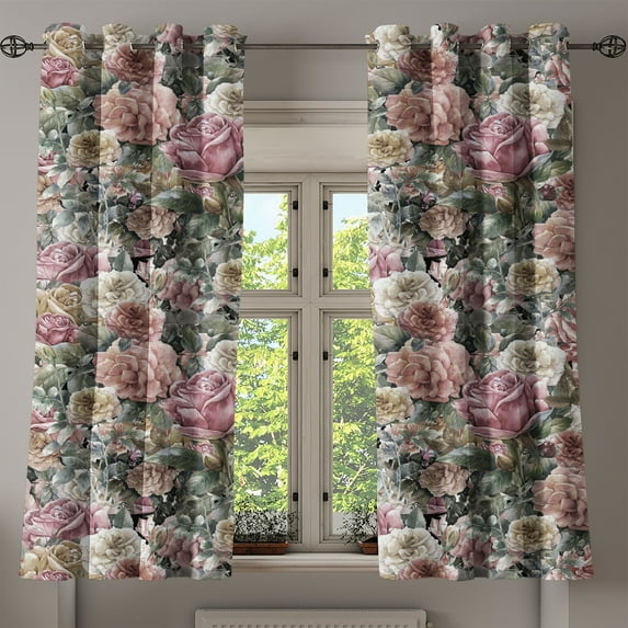 Ambesonne Roses Grommet Curtain, Exotic Garden Wild Floral Art, 50"x63", Sage Green Pink and Blush