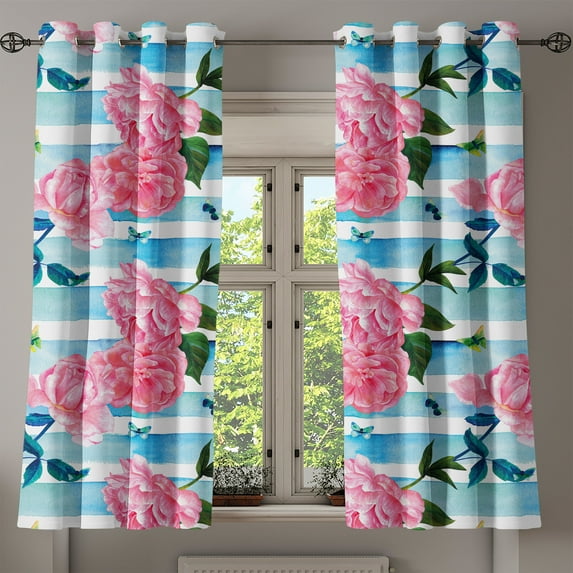 Ambesonne Roses Grommet Curtain, Pastel Colors Vintage Flowers, 50"x63", Pale Azure Blue Pale Pink