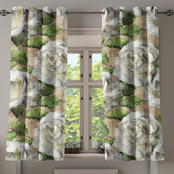 Ambesonne Roses Grommet Curtain, Romantic Flowers and Leaves, 50"x63", Tan Olive Green and Grey