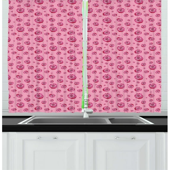 Ambesonne Roses Kitchen Curtains, Pink Tones Monochrome Flowers, 55"x39", Pink Raspberry