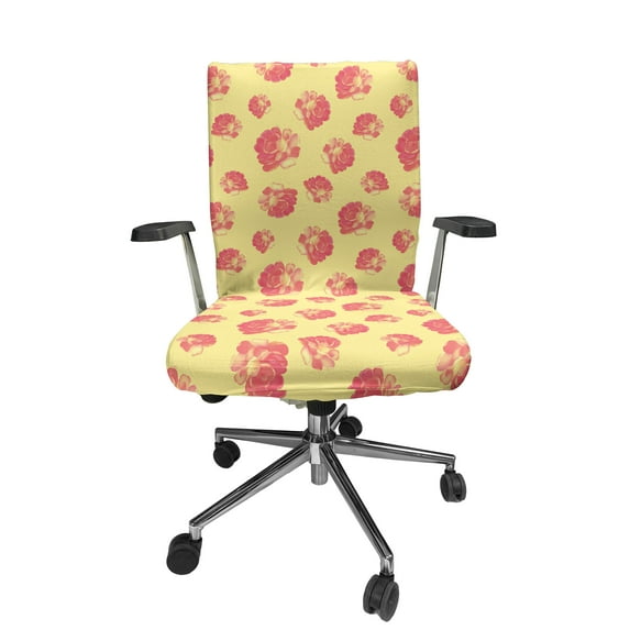 Ambesonne Roses Office Chair Cover Stretchable High Back, Vintage Theme Feminine Petals, Pastel Yellow and Coral