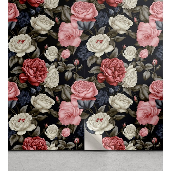 Ambesonne Roses Peel & Stick Wallpaper for Home, Dark Floral English Garden, 13"x100", Pale Pink Green Brown