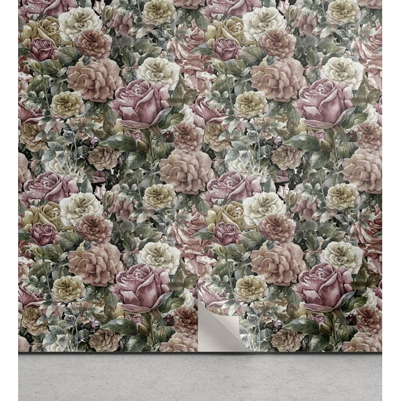Ambesonne Roses Peel & Stick Wallpaper for Home, Exotic Garden Wild Floral Art, 13"x36", Sage Green Pink and Blush
