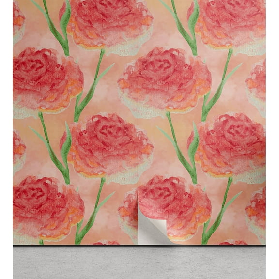 Ambesonne Roses Peel & Stick Wallpaper for Home, Romantic Silhouettes Floral, 13"x100", Dark Coral Fern Green