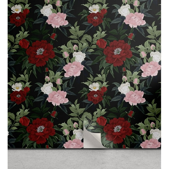 Ambesonne Roses Peel & Stick Wallpaper for Home, Tropical Floral Pattern Art, 13"x36", Peacock Green Raspberry