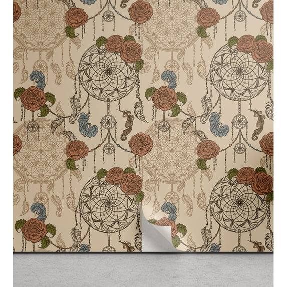 Ambesonne Roses Peel & Stick Wallpaper for Home, Vintage Pastel Dreamcatcher, 13"x100", Rust Mustard
