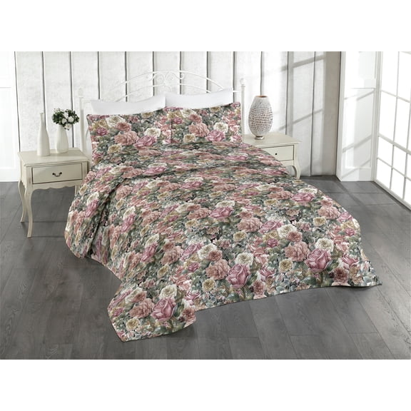 Ambesonne Roses Quilted Bedspread Set 3 Pcs, Exotic Garden Wild Floral Art, King, Sage Green Pink and Blush