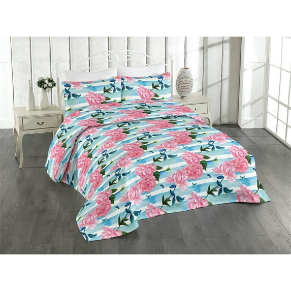 Ambesonne Roses Quilted Bedspread Set 3 Pcs, Pastel Colors Vintage Flowers, King, Pale Azure Blue Pale Pink
