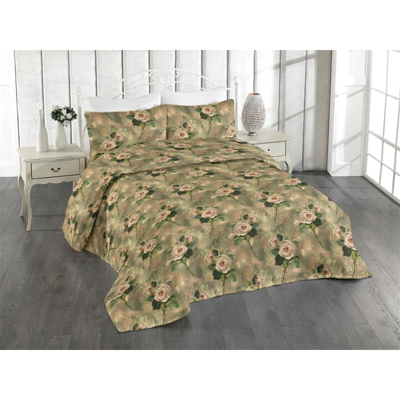 Ambesonne Roses Quilted Bedspread Set 3 Pcs, Vintage Floral Romantic Art, Queen, Khaki Blush and Green