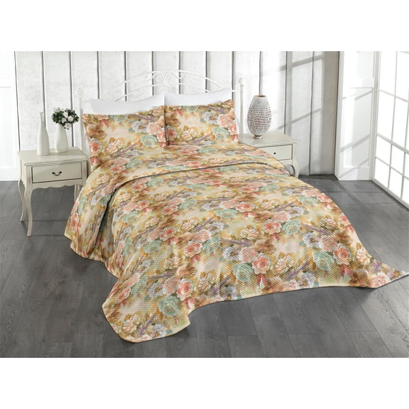 Ambesonne Roses Quilted Coverlet 2 Pcs, Colorful Blossoming Leaves, Twin Size, Beige Caramel Salmon