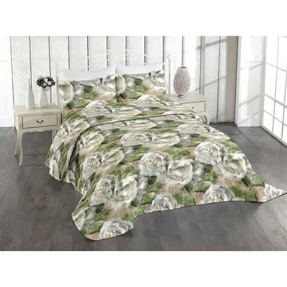 Ambesonne Roses Quilted Coverlet 2 Pcs, Romantic Flowers and Leaves, Twin Size, Tan Olive Green and Grey