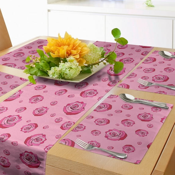 Ambesonne Roses Table Runner & Placemats, Pink Tones Monochrome Flowers, Placemat 4 pcs + Runner 12"x90", Pink Raspberry