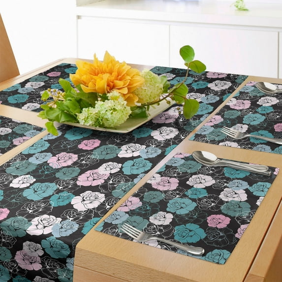 Ambesonne Roses Table Runner & Placemats, Romantic Floral Pattern, Placemat 4 pcs + Runner 16"x72", Pale Pink Cadet Blue