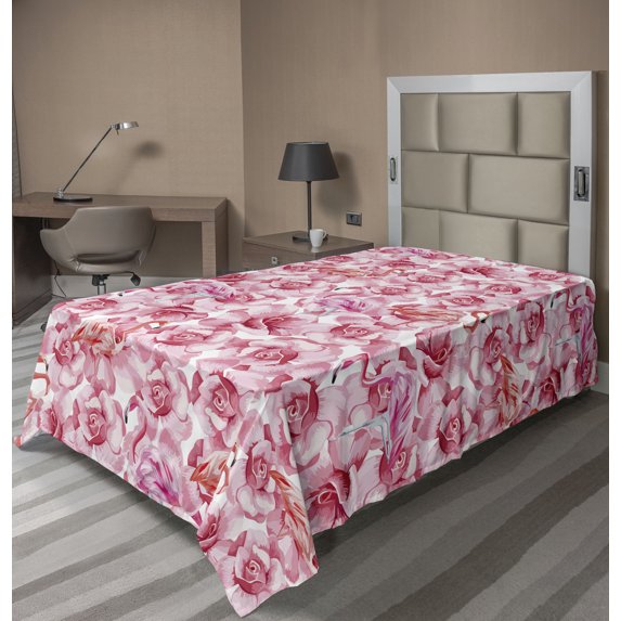 Ambesonne Roses and Flamingos Flat Bedding Sheet Soft Top Sheet, Pink Blooms, Twin, Pink Salmon