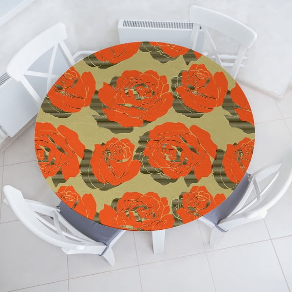 Ambesonne Rosetta Fitted Round Tablecloth, Modern Rose Flowers Print, 36"- 40" Diameter, Pistachio Green Vermilion