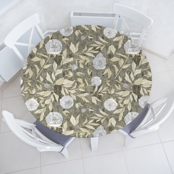 Ambesonne Rosetta Fitted Round Tablecloth, Nostalgic Autumnal Flowers, 45"- 56" Diameter, Pastel Green Coconut