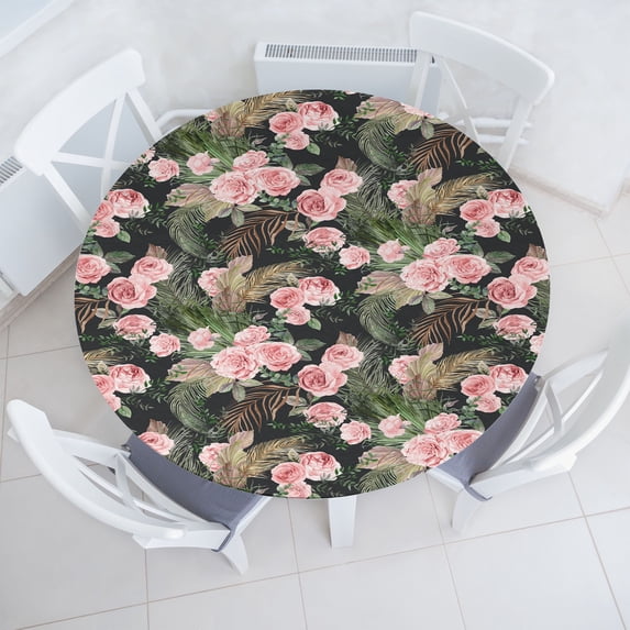 Ambesonne Rosetta Fitted Round Tablecloth, Nostalgic Floral Print Boho, 45"- 56" Diameter, Pale Pink Jade Green